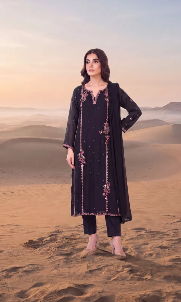 Midnight Black Embroidered Long Straight Suit with Trousers & Dupatta – Formal Wear