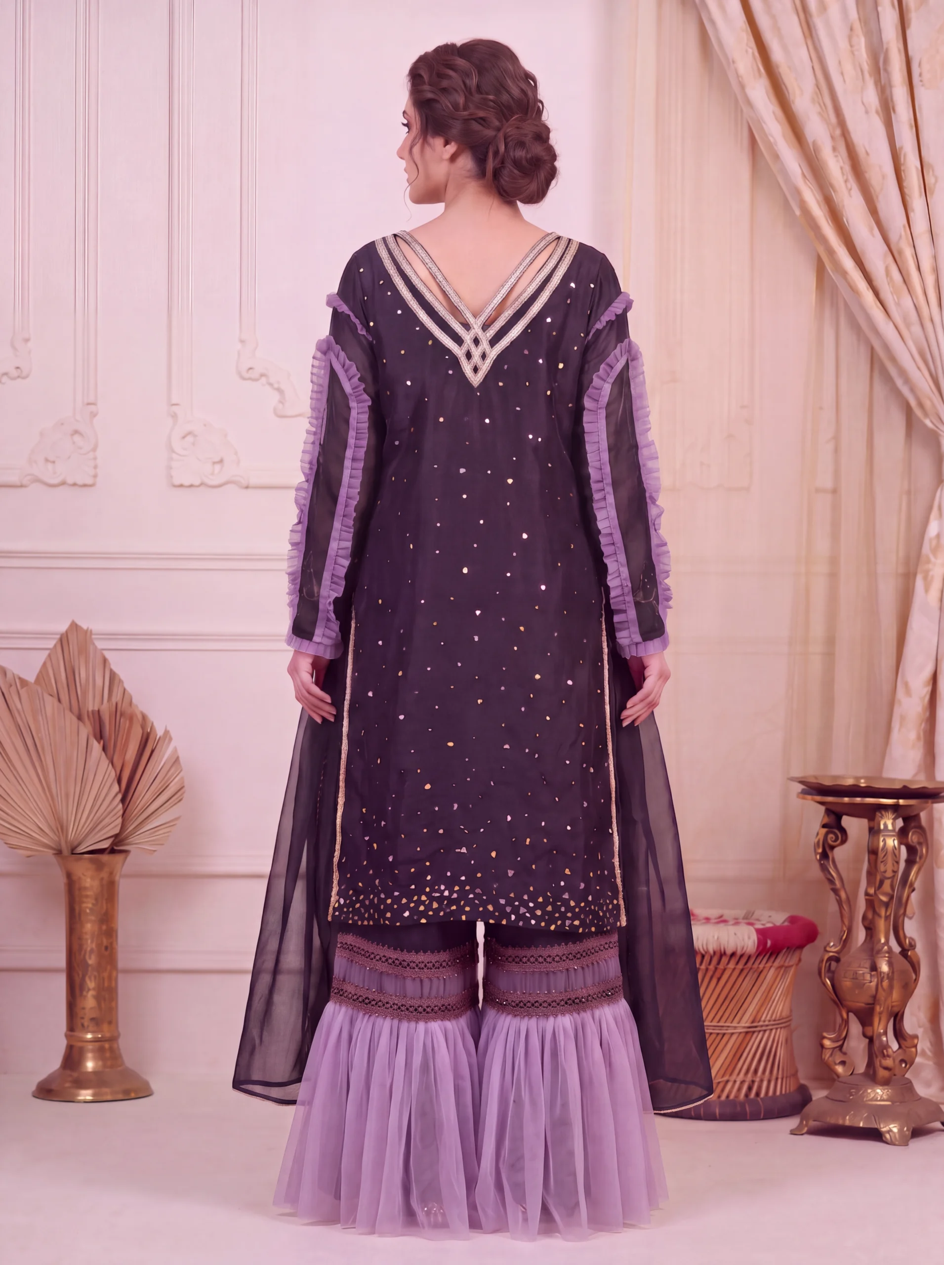 Midnight Black & Lavender Embroidered Straight Suit with Gharara – Formal Wear - Image 2