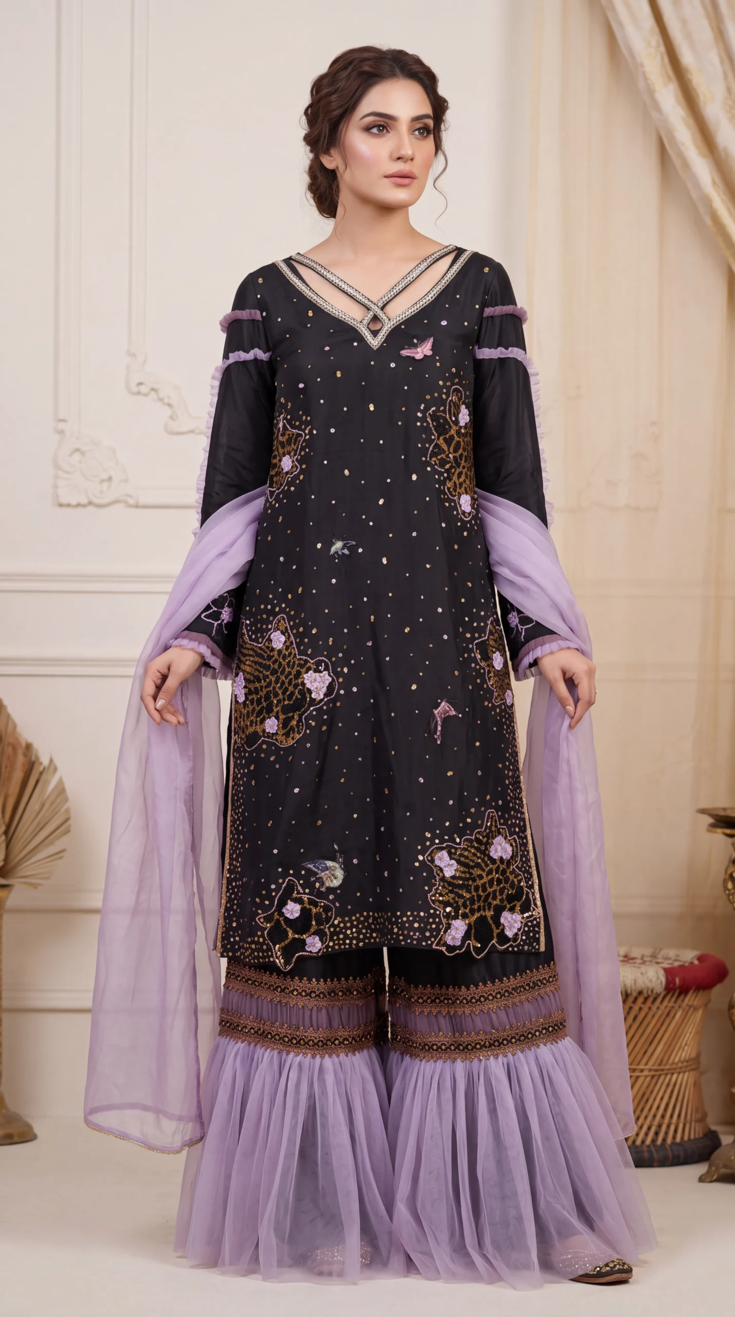 Midnight Black & Lavender Embroidered Straight Suit with Gharara – Formal Wear