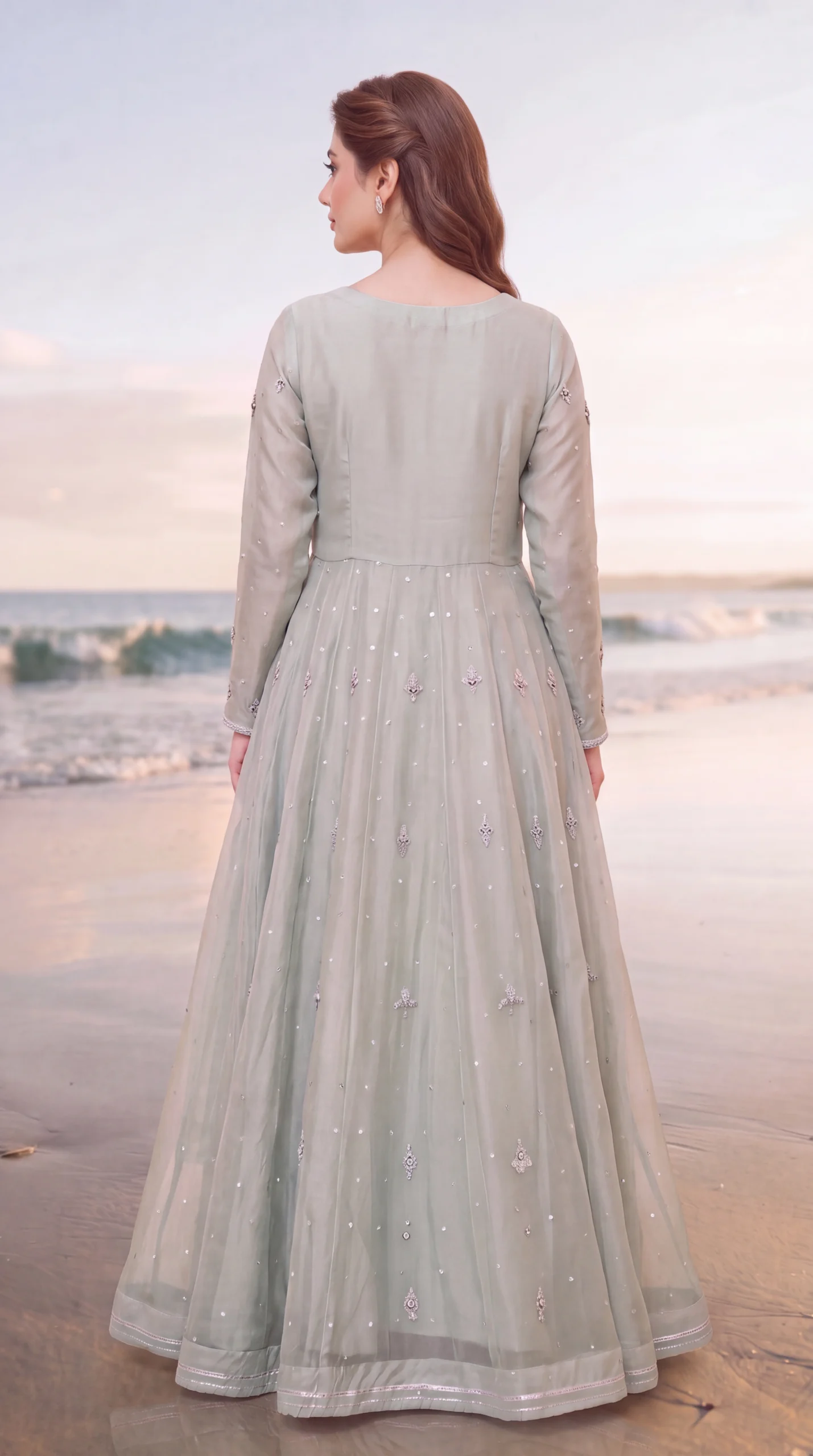 Sage Green Silver-Embroidered Long Pishwas Gown – Formal Festive Wear - Image 2