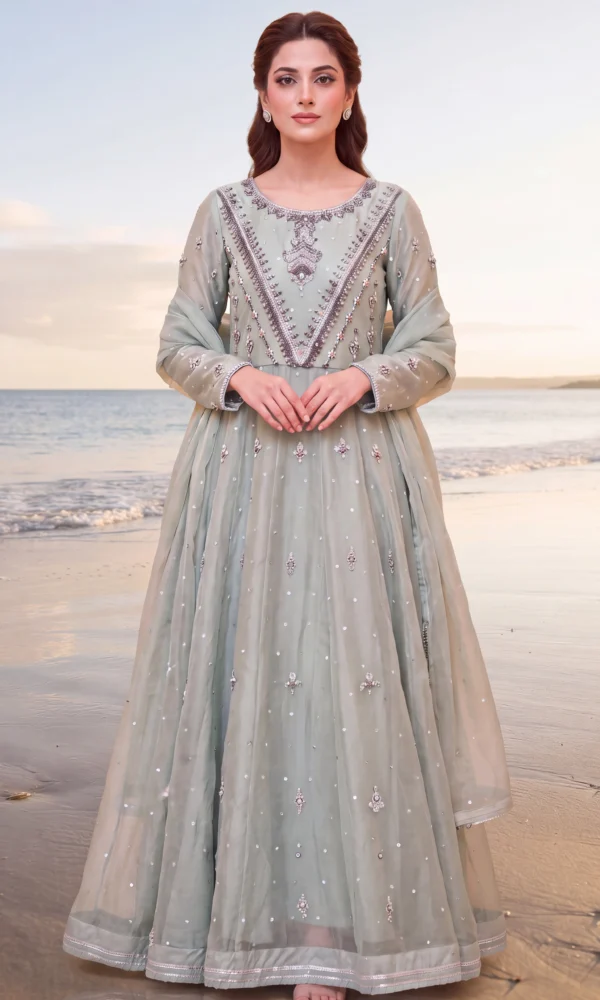 Sage Green Silver-Embroidered Long Pishwas Gown – Formal Festive Wear