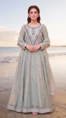 Sage Green Silver-Embroidered Long Pishwas Gown – Formal Festive Wear