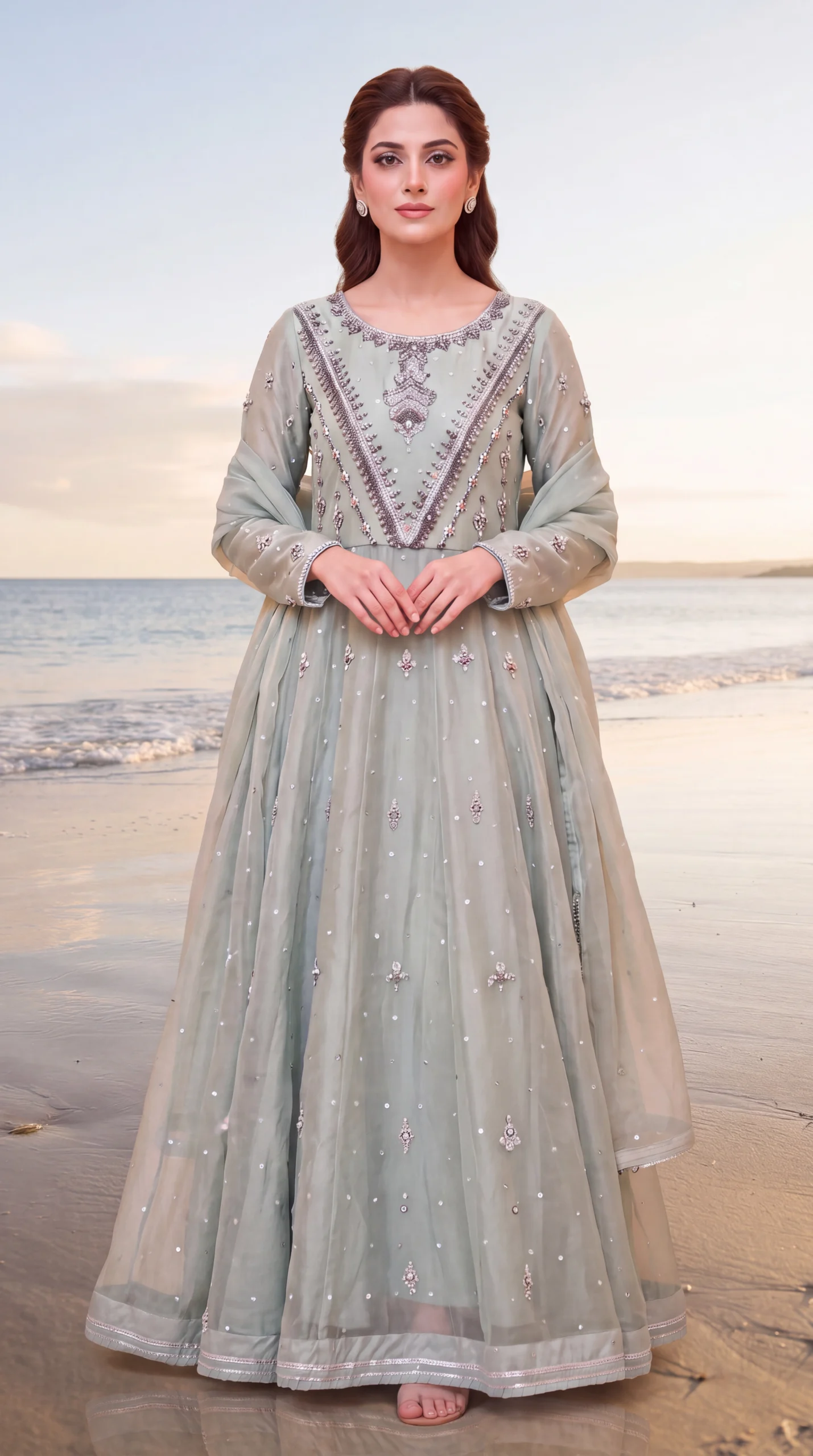 Sage Green Silver-Embroidered Long Pishwas Gown – Formal Festive Wear