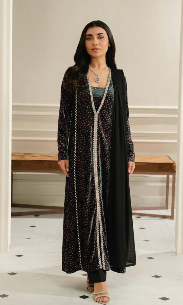 Emerald Green & Pink Polka Velvet Front-Open Long Jacket with Beaded Trim, Inner, and Trousers – Luxury Festive & Winter Wear