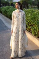 Ivory Botanical Embroidered Front-Slit Long Kurti with Pearl Placket, Matching Trousers, and Dupatta – Luxury Festive & Daywear