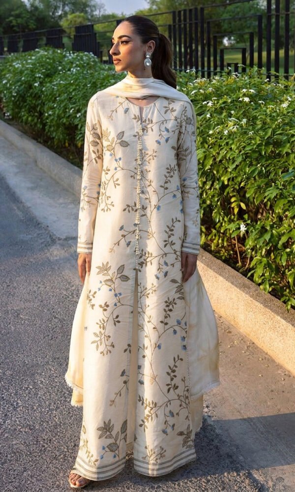 Ivory Botanical Embroidered Front-Slit Long Kurti with Pearl Placket, Matching Trousers, and Dupatta – Luxury Festive & Daywear