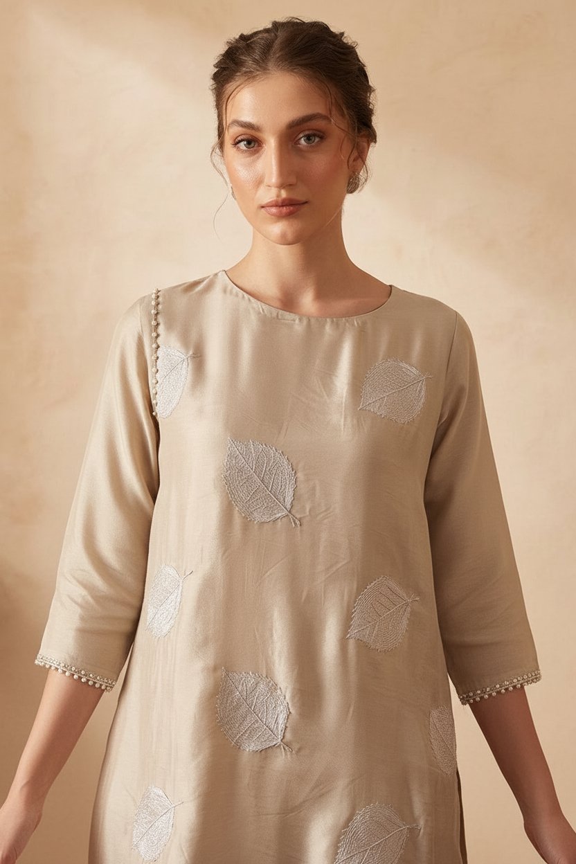 Champagne Gold Leaf-Embroidered Tunic with Matching Flared Trousers and Sheer Dupatta – Ready-to-Wear Luxury Festive & Evening Chic - Image 2