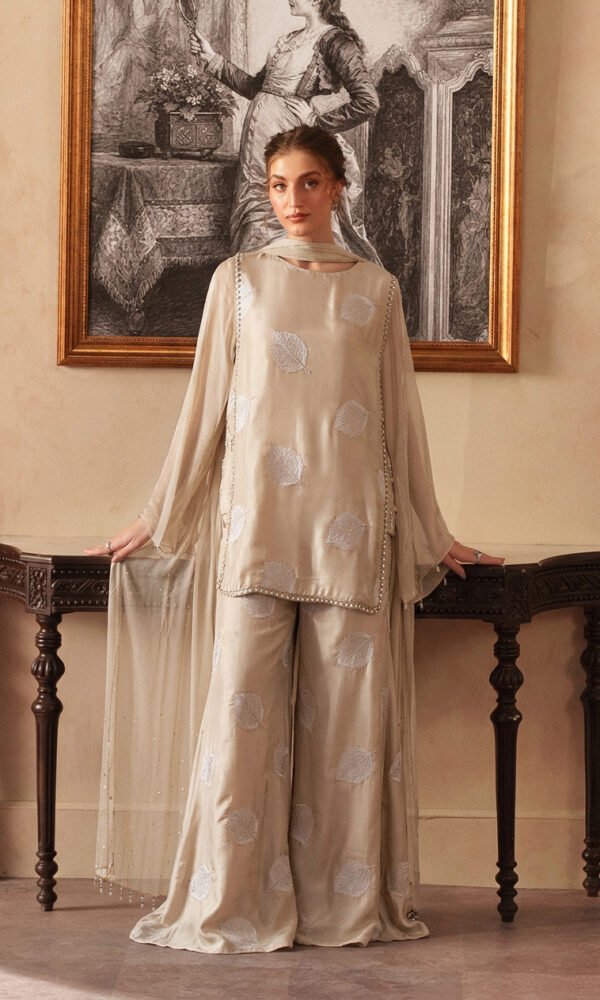 Champagne Gold Leaf-Embroidered Tunic with Matching Flared Trousers and Sheer Dupatta – Ready-to-Wear Luxury Festive & Evening Chic