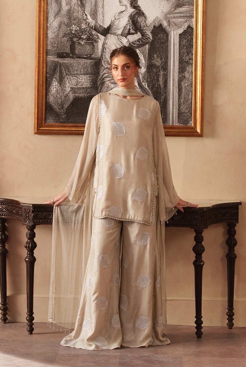 Champagne Gold Leaf-Embroidered Tunic with Matching Flared Trousers and Sheer Dupatta – Ready-to-Wear Luxury Festive & Evening Chic