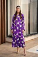 Purple and Cream Abstract Block-Printed Straight Kurti with Beaded Placket and Side Slits – Ready-to-Wear Contemporary Daywear