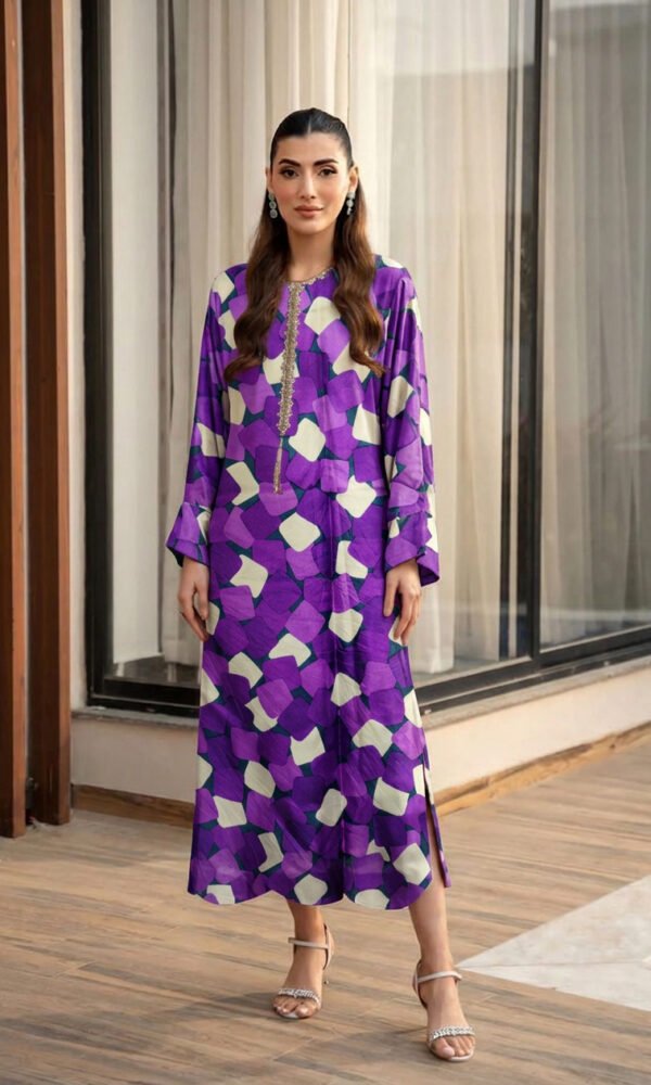 Purple and Cream Abstract Block-Printed Straight Kurti with Beaded Placket and Side Slits – Ready-to-Wear Contemporary Daywear