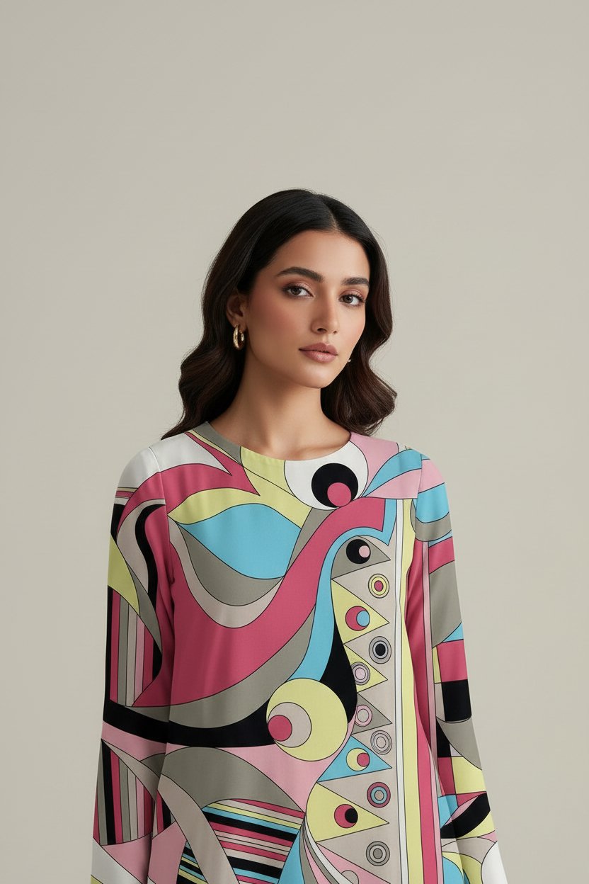 Vibrant Abstract-Printed Front-Slit Long Kurti with Beaded Placket and Matching Flared Pants – Ready-to-Wear Contemporary Chic - Image 2