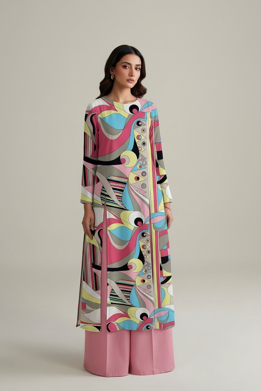 Vibrant Abstract-Printed Front-Slit Long Kurti with Beaded Placket and Matching Flared Pants – Ready-to-Wear Contemporary Chic