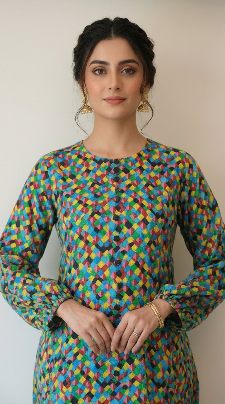 Vibrant Mosaic Dot-Printed Straight Kurti with Lantern Sleeves and Solid Black Trousers – Ready-to-Wear Contemporary Daywear - Image 2