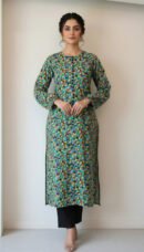 Vibrant Mosaic Dot-Printed Straight Kurti with Lantern Sleeves and Solid Black Trousers – Ready-to-Wear Contemporary Daywear