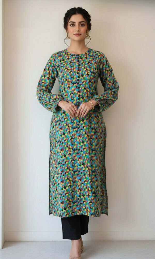 Vibrant Mosaic Dot-Printed Straight Kurti with Lantern Sleeves and Solid Black Trousers – Ready-to-Wear Contemporary Daywear