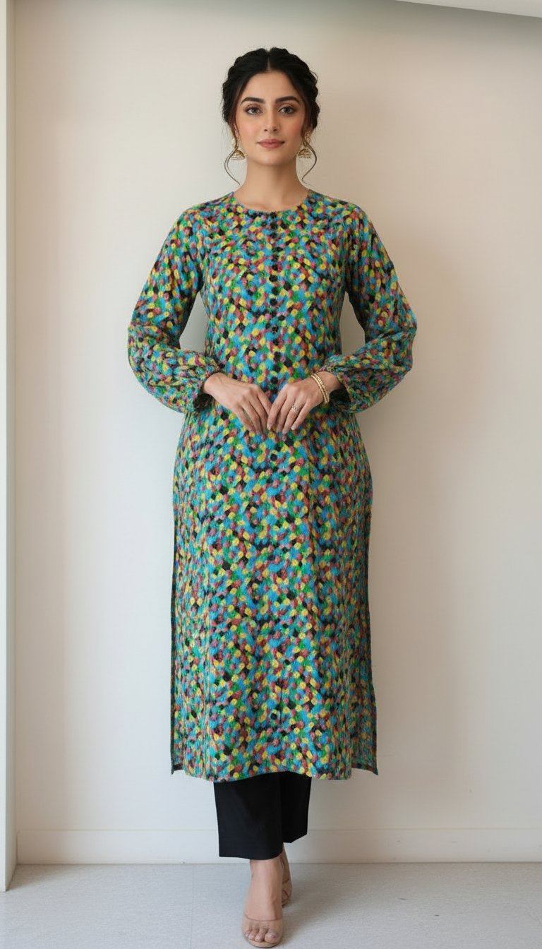Vibrant Mosaic Dot-Printed Straight Kurti with Lantern Sleeves and Solid Black Trousers – Ready-to-Wear Contemporary Daywear
