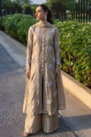 Taupe Gold Leaf-Embroidered Front-Slit Long Kurti with Pearl Placket, Flared Pants, and Dupatta – Ready-to-Wear Luxury Festive & Daywear