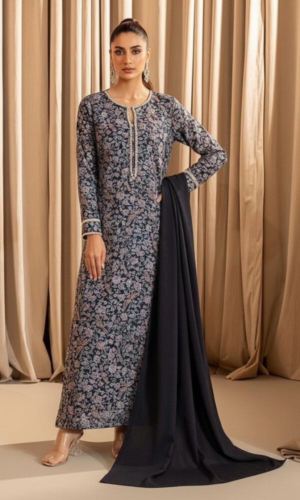 Navy Blue & Pink All-Over Floral Printed Long Kurti with Beaded Keyhole Neckline and Solid Dupatta – Ready-to-Wear Luxe Pret