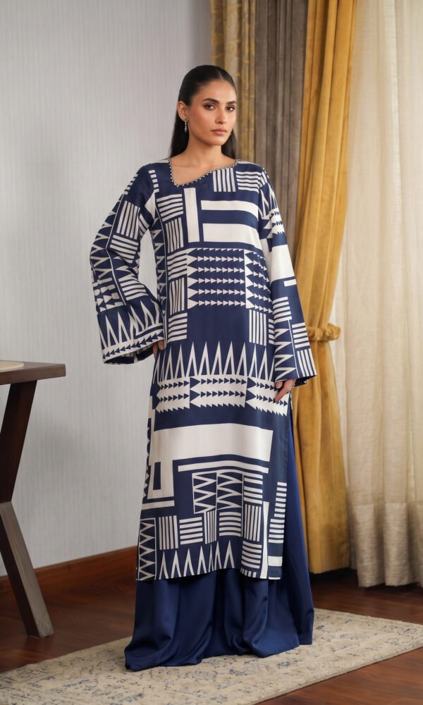 Navy Blue & White Geometric Printed Straight Tunic with Asymmetric Beaded Neckline and Flared Pants – Ready-to-Wear Contemporary Chic