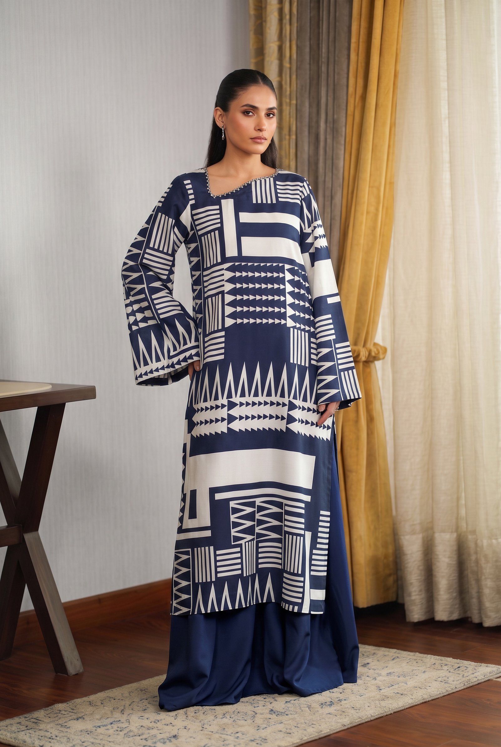 Navy Blue & White Geometric Printed Straight Tunic with Asymmetric Beaded Neckline and Flared Pants – Ready-to-Wear Contemporary Chic
