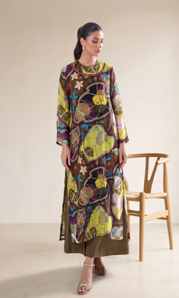 Brown & Lime Green Botanical Printed Straight Kurti with Beaded Round Neckline and Flared Trousers – Ready-to-Wear Luxe Pret