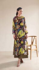 Brown & Lime Green Botanical Printed Straight Kurti with Beaded Round Neckline and Flared Trousers – Ready-to-Wear Luxe Pret