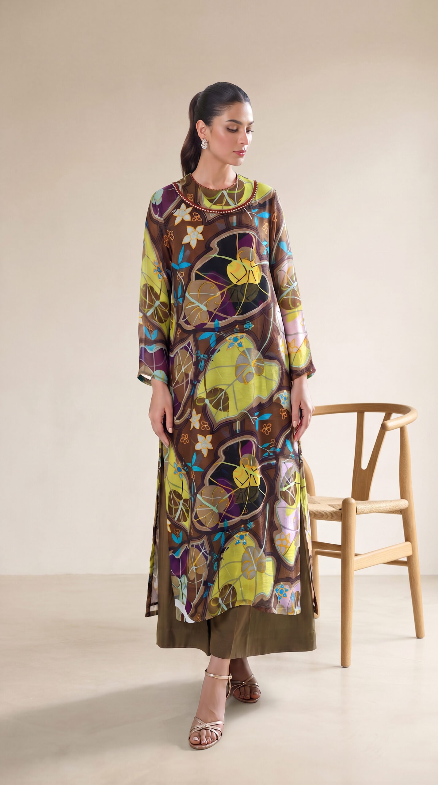 Brown & Lime Green Botanical Printed Straight Kurti with Beaded Round Neckline and Flared Trousers – Ready-to-Wear Luxe Pret