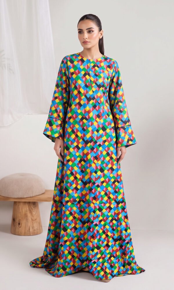 Vibrant Mosaic Geometric Printed Long Maxi Dress with Flared Sleeves – Ready-to-Wear Contemporary Festive & Resort Chic