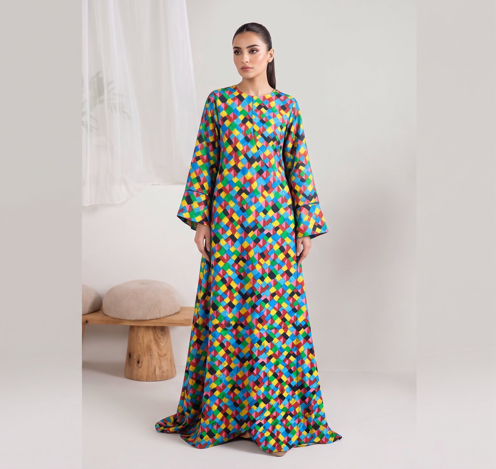 Vibrant Mosaic Geometric Printed Long Maxi Dress with Flared Sleeves – Ready-to-Wear Contemporary Festive & Resort Chic