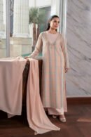 Peach and Blue Checked Long Kurti with Pearl and Crystal Embellished Neckline, Matching Pants, and Dupatta – Luxury Festive & Formal Wear