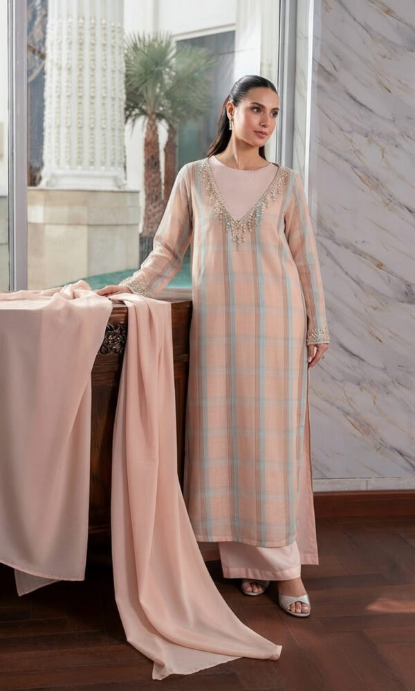 Peach and Blue Checked Long Kurti with Pearl and Crystal Embellished Neckline, Matching Pants, and Dupatta – Luxury Festive & Formal Wear