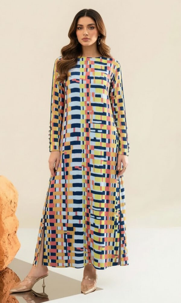 Vibrant Mosaic Geometric Printed Long Maxi Dress with Buttoned Cuffs – Ready-to-Wear Contemporary Festive & Resort Chic