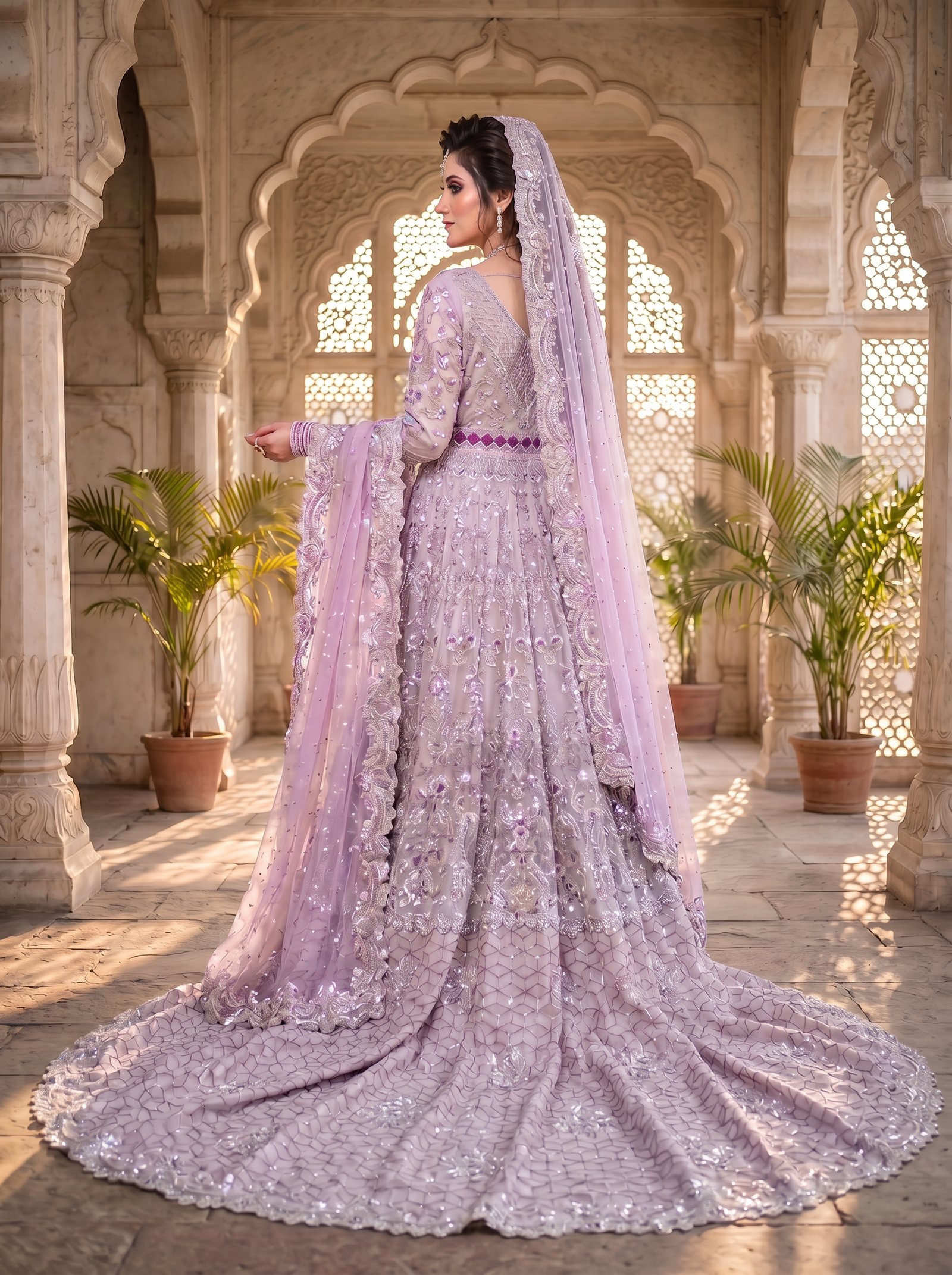 Lavender Embroidered Bridal Maxi with Embellished Dupatta - Image 3