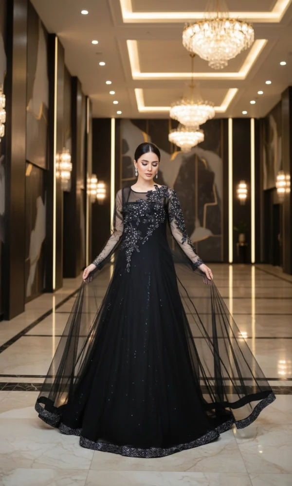 Midnight Black Crystal-Embellished Net Maxi Gown with Asymmetric Floral Motifs – Luxury Evening & Formal Wear
