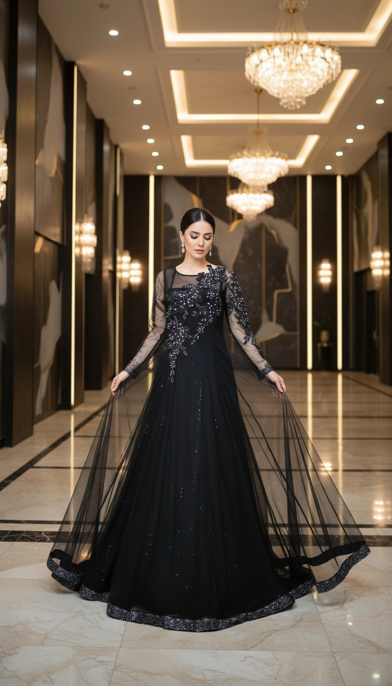 Midnight Black Crystal-Embellished Net Maxi Gown with Asymmetric Floral Motifs – Luxury Evening & Formal Wear