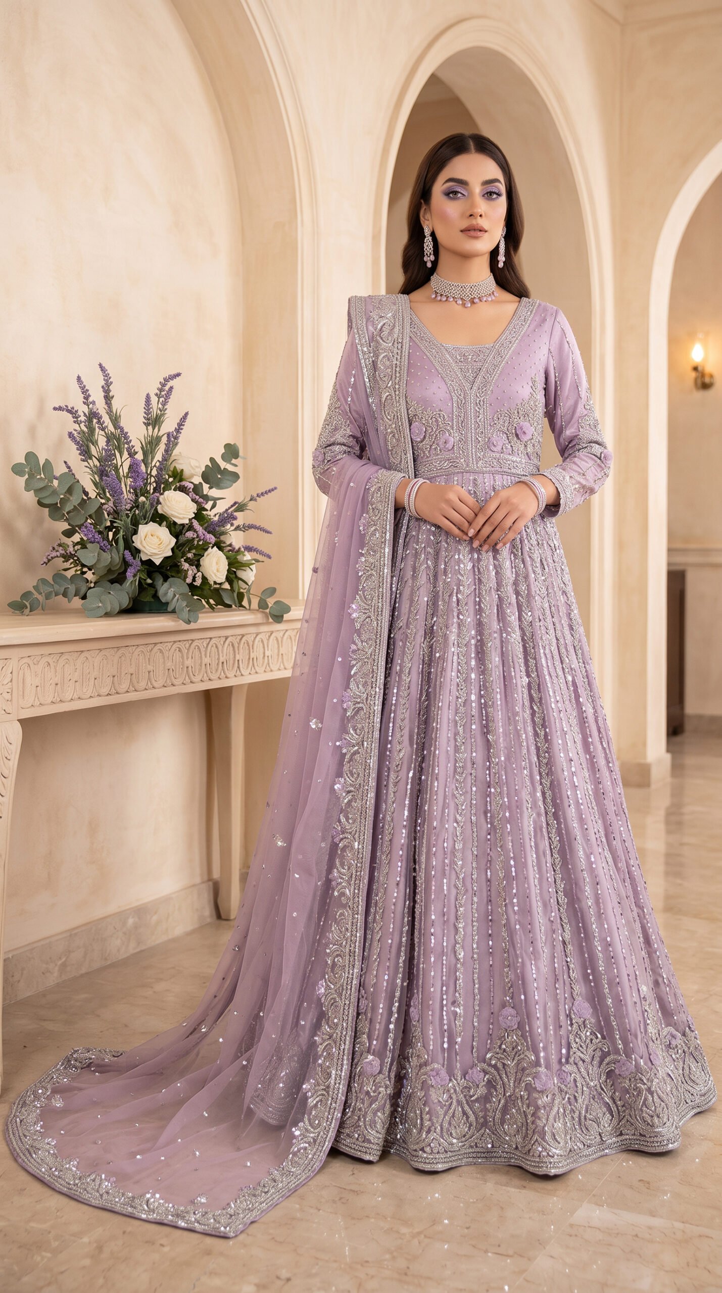 Lavender Mist Heavy Embellished Anarkali Maxi Gown with Scalloped Border Dupatta – Luxury Formal & Engagement Wear