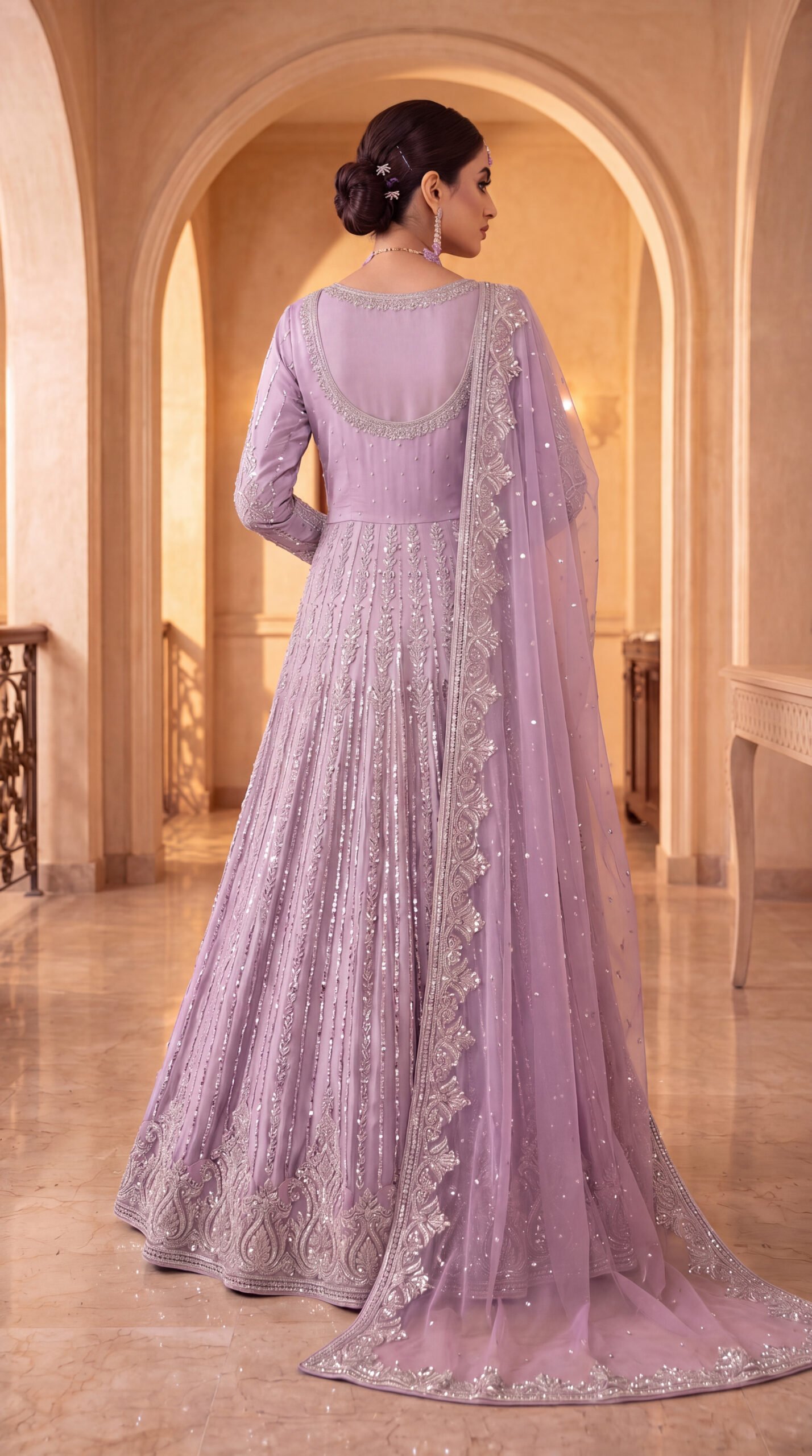 Lavender Mist Heavy Embellished Anarkali Maxi Gown with Scalloped Border Dupatta – Luxury Formal & Engagement Wear - Image 2