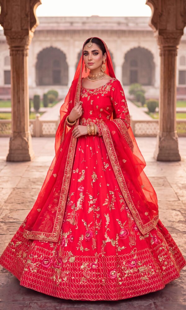 Crimson Red Gold-Embroidered Anarkali Lehenga Set with Heavy Floral Motifs – Traditional Bridal & Wedding Wear
