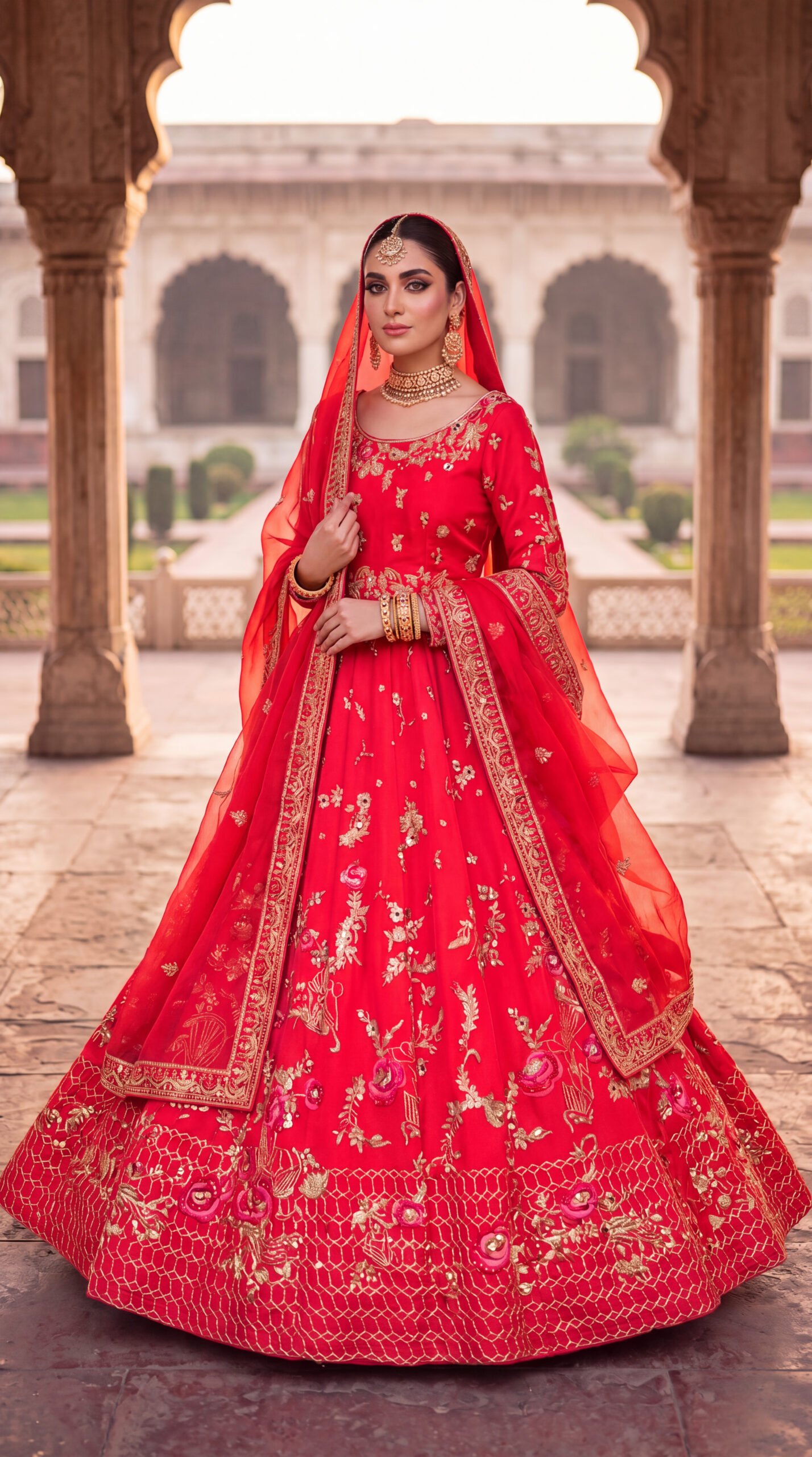 Crimson Red Gold-Embroidered Anarkali Lehenga Set with Heavy Floral Motifs – Traditional Bridal & Wedding Wear