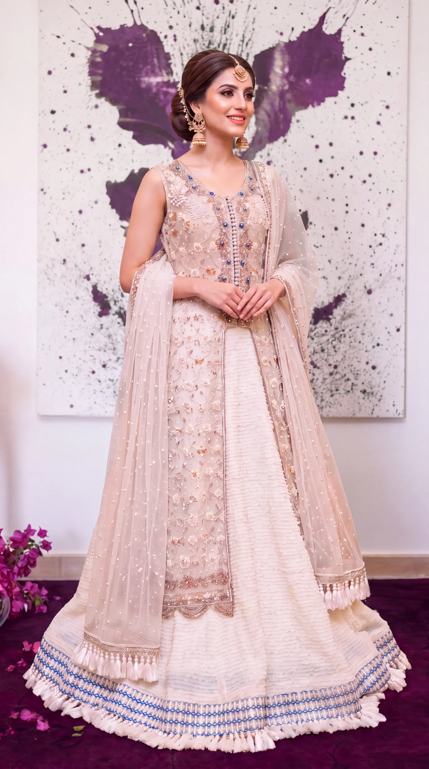 Blush Pink Embellished Front-Slit Long Jacket with Tiered Lehenga and Tassel Trim – Luxury Reception & Engagement Wear