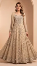 Champagne Gold Heavy Embroidered Net Maxi Gown with 3D Floral Hem – Luxury Evening & Formal Wear