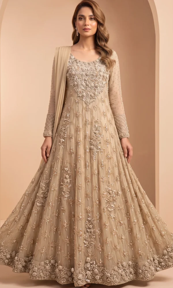 Champagne Gold Heavy Embroidered Net Maxi Gown with 3D Floral Hem – Luxury Evening & Formal Wear
