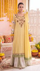 Sunshine Yellow Embroidered Kurti with Contrasting Garara and Fringed Hem – Mayoun, Haldi & Festive Wear