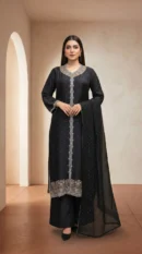 Midnight Black Embroidered Silk Kurti with Matching Palazzo and Shimmer Dupatta – Luxury Formal & Evening Wear