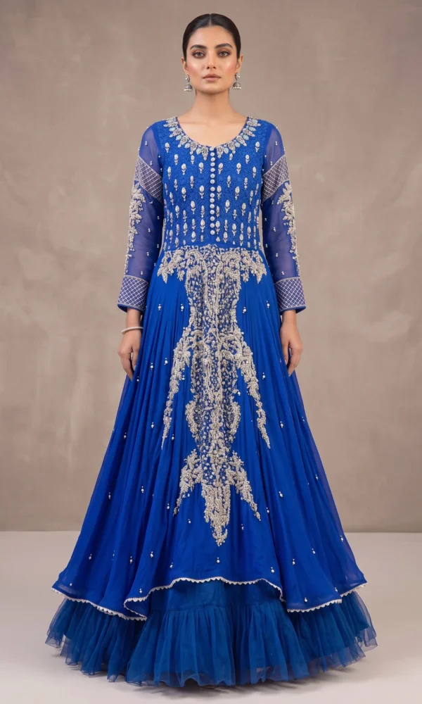 Royal Blue Heavy Embroidered Front-Open Maxi Gown with Layered Ruffle Lehenga – Luxury Formal & Evening Wear