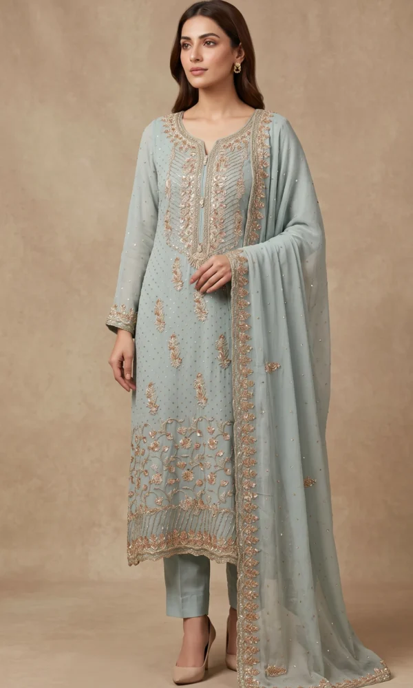 Ice Blue Gold-Embroidered Net Kurti with Straight Trousers and Heavy Border Dupatta – Luxury Formal & Festive Wear