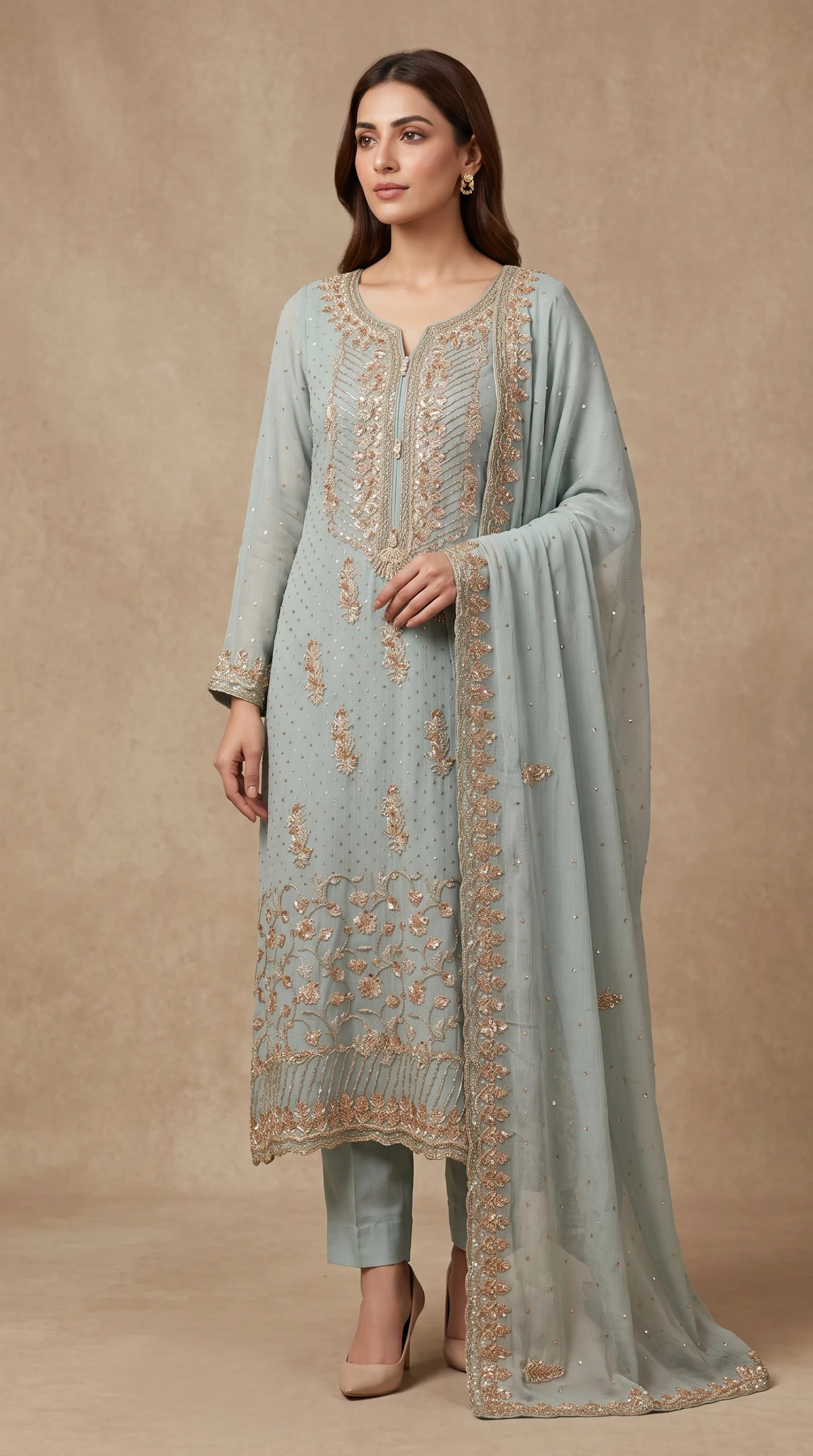Ice Blue Gold-Embroidered Net Kurti with Straight Trousers and Heavy Border Dupatta – Luxury Formal & Festive Wear