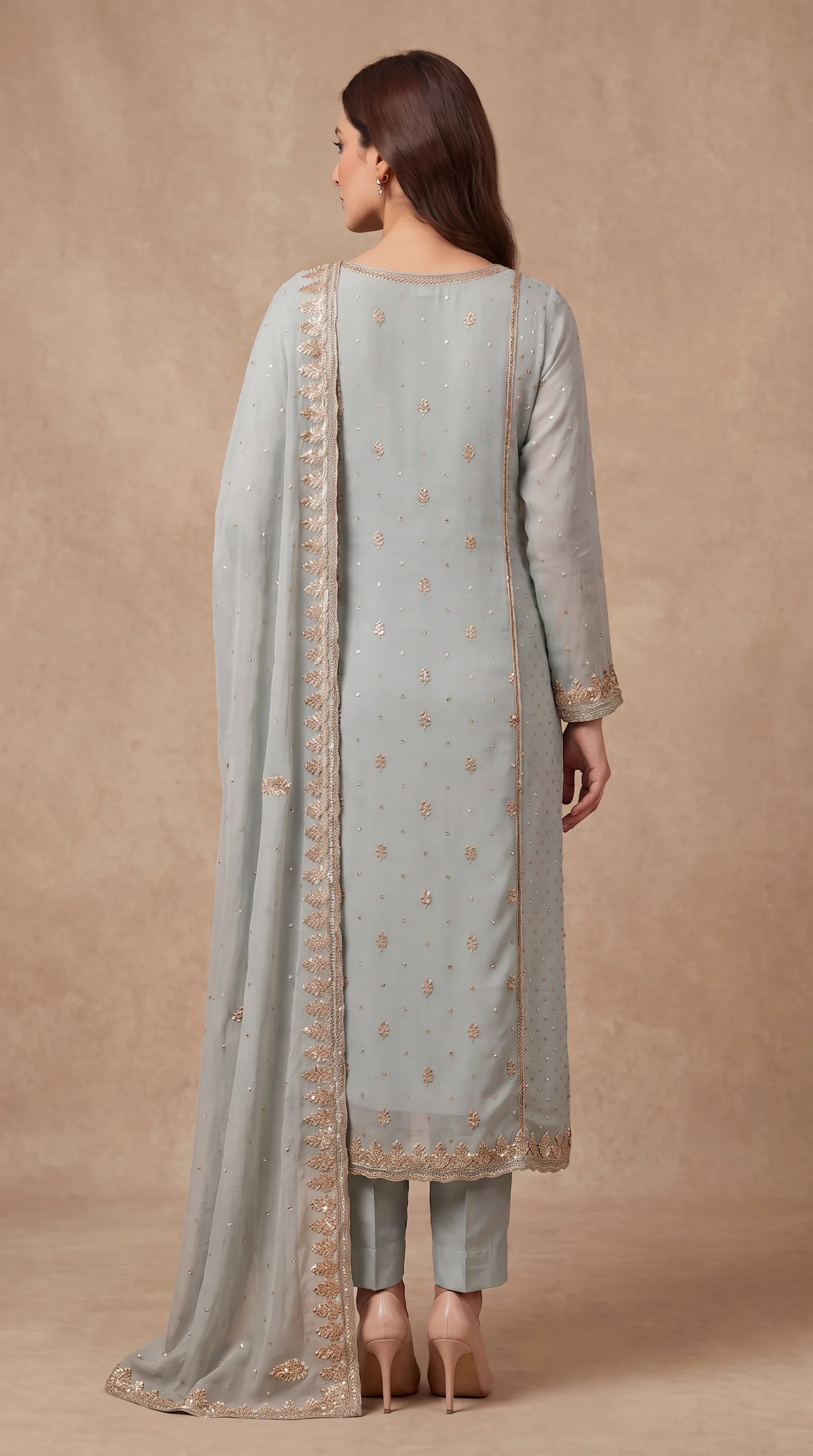 Ice Blue Gold-Embroidered Net Kurti with Straight Trousers and Heavy Border Dupatta – Luxury Formal & Festive Wear - Image 2
