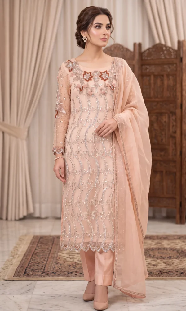 Peach Pink Sequin-Embellished Net Kurti with Straight Trousers and Scalloped Dupatta – Luxury Formal & Festive Wear